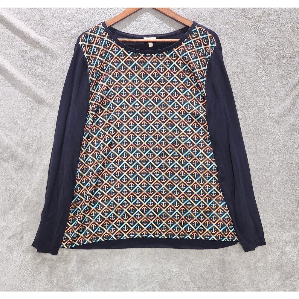 Talbots Womens Navy Blue Anchor Print Long Sleeve Knitted Top Size XL Nautical